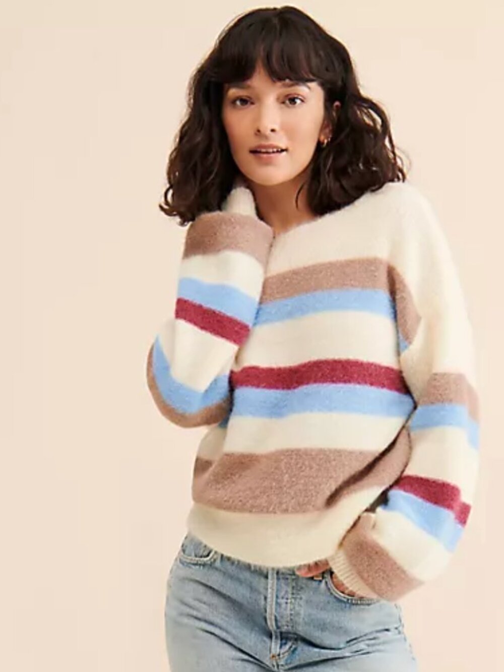 Anthropologie Flat White Fluffy Striped Sweater Size S